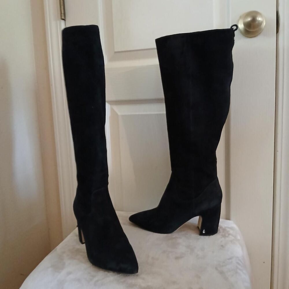 Sam Edelman Hai Black Suede Knee High Boots Chunky Block Heel 8 Classic Edgy